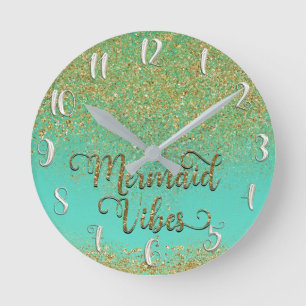 Cascading Gold Glitter Teal Aqua Mermaid Vibes Runde Wanduhr