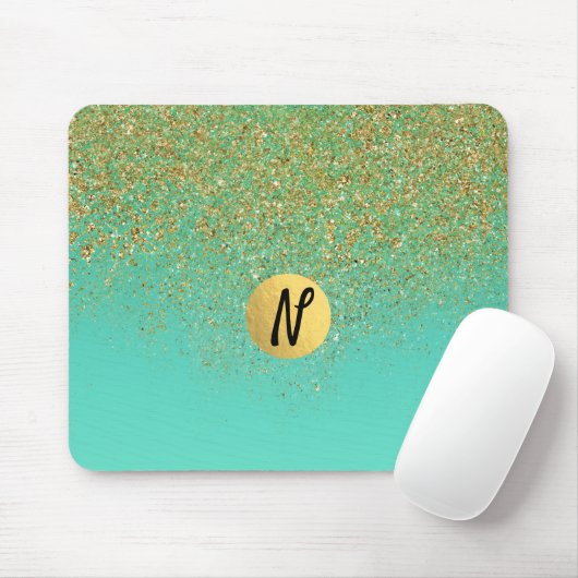 Cascading Gold Glitzer & Aquamarin Aqua Glam Trend Mousepad (Mit Mouse)