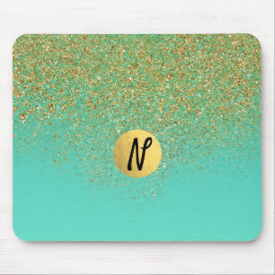 Cascading Gold Glitzer & Aquamarin Aqua Glam Trend Mousepad