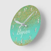 Cascading Gold Glitzer Aquamarines Aqua Glam Trend Runde Wanduhr (Winkel)