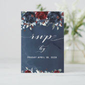 Cascading Peony Burgundy Navy Hochzeit RSVP (Stehend Vorderseite)