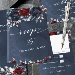 Cascading Peony Burgundy Navy Hochzeit RSVP Karte