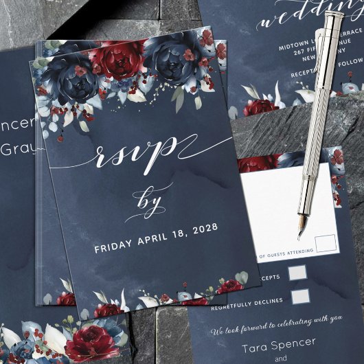 Cascading Peony Burgundy Navy Hochzeit RSVP Karte