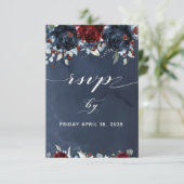 Cascading Peony Burgundy Navy Hochzeit RSVP Karte (Stehend Vorderseite)