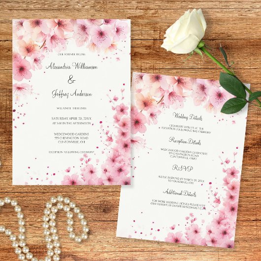 Cascading Pink Flowers Wedding Invitation Einladung