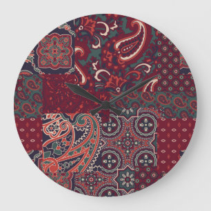 Cashmere Paisley Silk: Abstraktes Vintages Patchwo Große Wanduhr