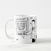 Cashpoint-Geldautomat zeigt freche Nachrichten, di Kaffeetasse (Links)