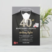 Casino 40. Geburtstag Einladung. Schwarz und Gold Einladung (Stehend Vorderseite)