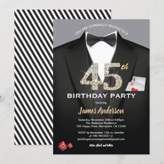 Casino 45. Geburtstag Einladung. Schwarz und Gold Einladung