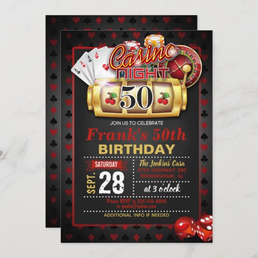 Casino 50. Geburtstag Einladung (Vorne/Hinten)