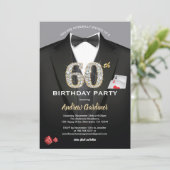 Casino 60. Geburtstag Einladung. Schwarz und Gold Einladung (Stehend Vorderseite)