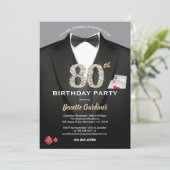 Casino 80. Geburtstag Einladung. Schwarz und Gold Einladung (Stehend Vorderseite)