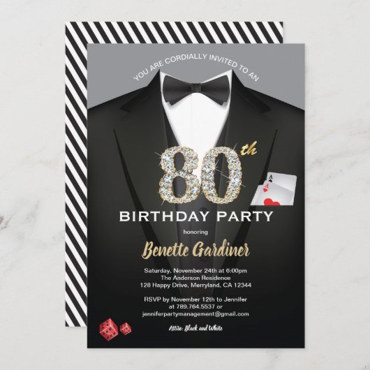 Casino 80. Geburtstag Einladung. Schwarz und Gold Einladung (Vorne/Hinten)