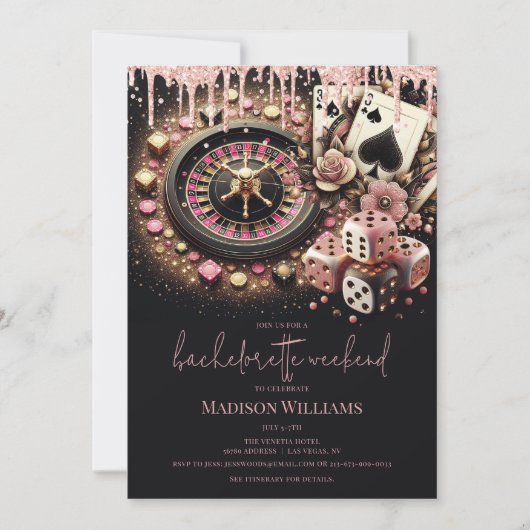 Casino Bachelorette Luxus Black Pink Gold Einladung (Vorderseite)