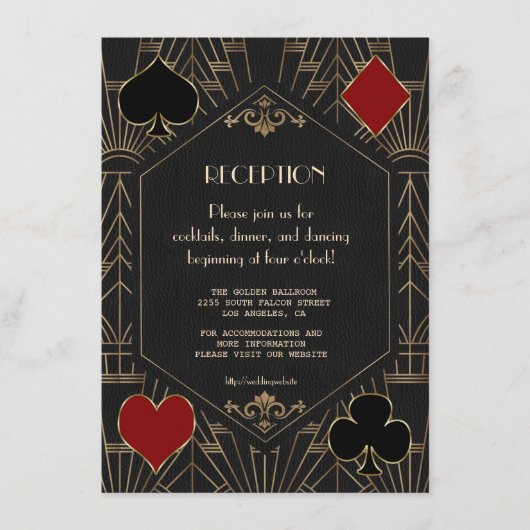 Casino Gold Black 20s Gatsby Wedding Reception Begleitkarte (Vorderseite)