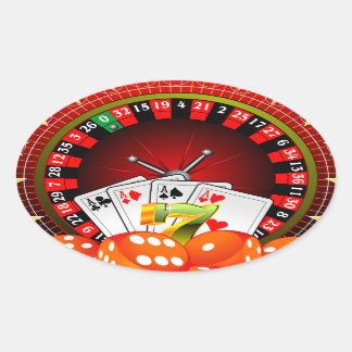 Casino-Illustration mit Roulette-Rad und Würfeln Ovaler Aufkleber