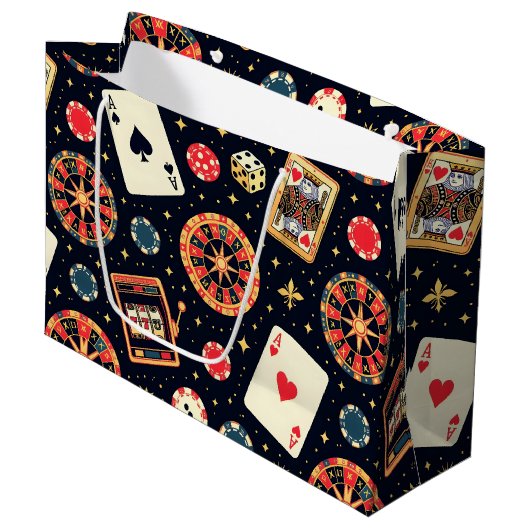 Casino-Musterdesign auf Schwarz Große Geschenktüte (Vorderseite Schrägansicht)