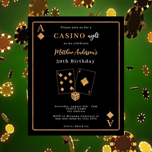 Casino Nachtschwarz Gold Einladung zum Geburtstag