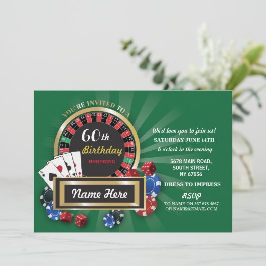 Casino Night Birthday Las Vegas Roulette Einladung (Stehend Vorderseite)