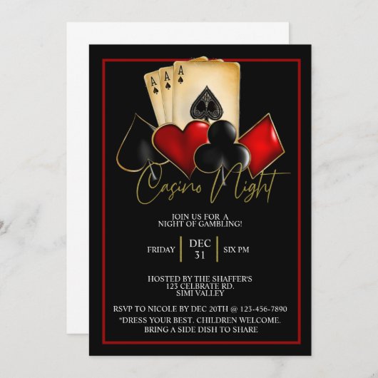 CASINO NIGHT, POKER NIGHT, GAMBLE, KARTENDICE EINLADUNG (Vorne/Hinten)