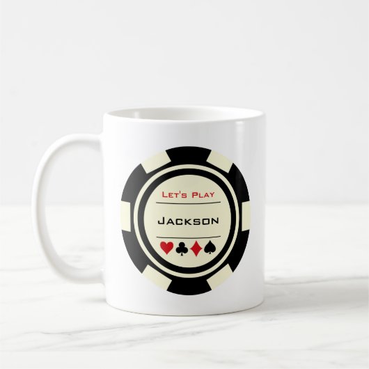 Casino Poker Chip Schwarz Creme Rot mit Name Kaffeetasse (Links)