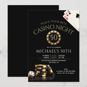 Casino-Poker-Nacht Schwarz-Gold Männer 50. Geburts Einladung