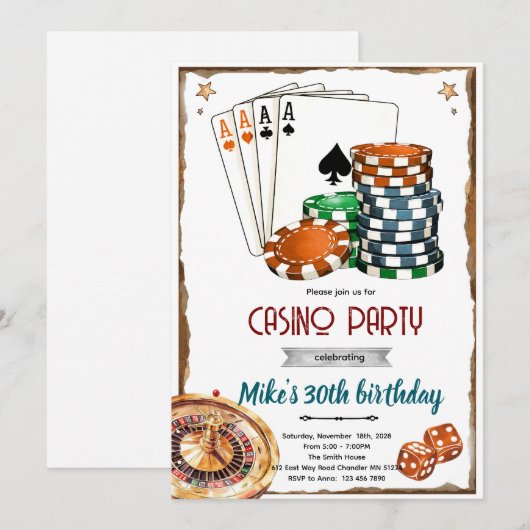 Casino theme party Invitation Einladung (Vorne/Hinten)