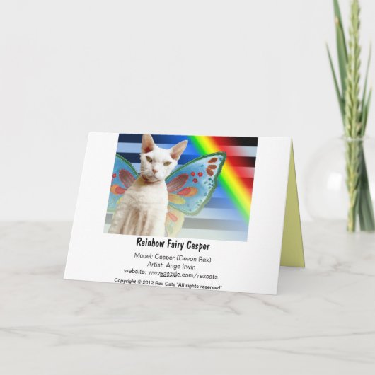 Casper Rainbow Fee | Devon Rex Cat Birthday Card Karte (Rückseite)