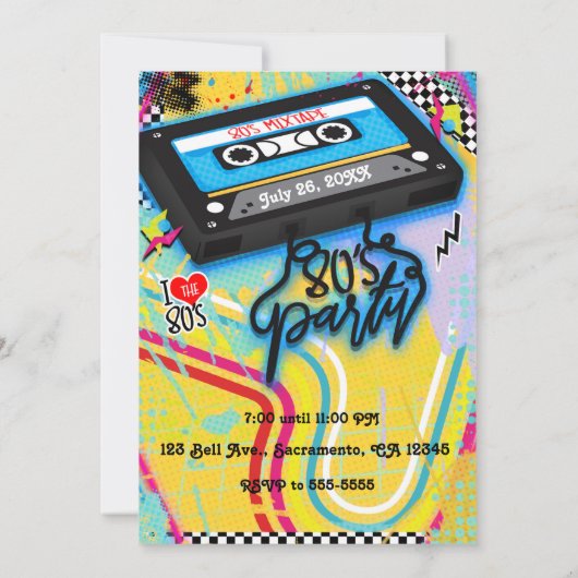 Cassette Tape 80's Theme Birthday Party in den 198 Einladung (Rückseite)