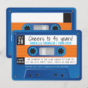 CASSETTE TAPE Moderne Diskothek Geburtstag blau or Einladung