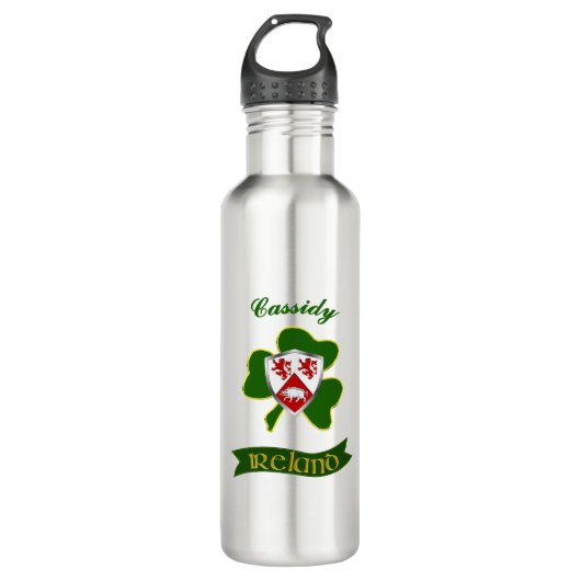 Cassidy Irish Shield & Kleeblatt Personalisiert Edelstahlflasche (Vorderseite)