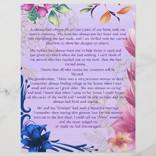 Cassie's Widmung personalisiertes Papier (Rückseite)