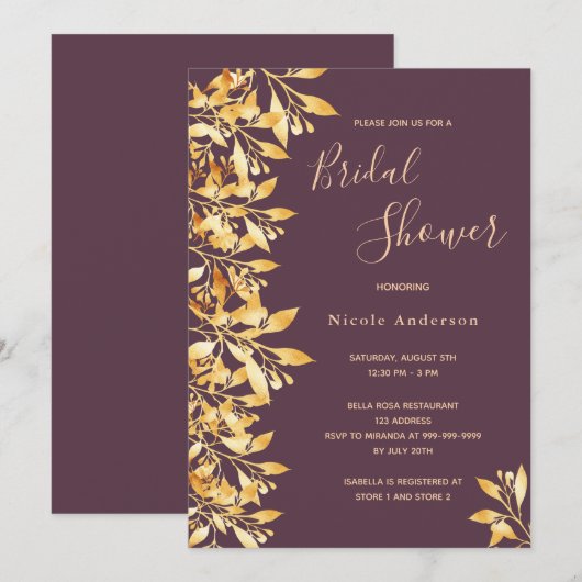 Cassis botanisches lila Skript Gold Brautparty Einladung (Vorne/Hinten)