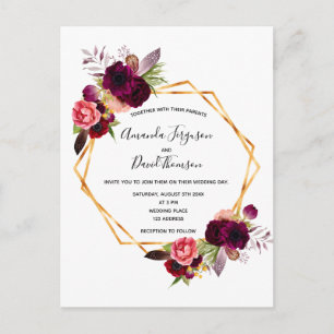 Cassis burgundy florals Gold Einladung zur Hochzei Postkarte