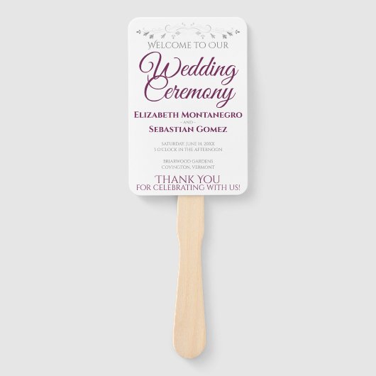 Cassis & Gray Elegante Hochzeitsfans mit Programm Fächer (Vorderseite)