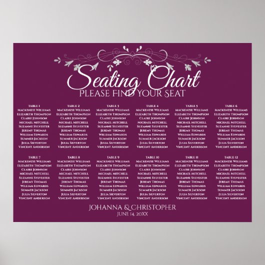 Cassis Lila 12 Tabelle Seating Chart Poster (Vorne)