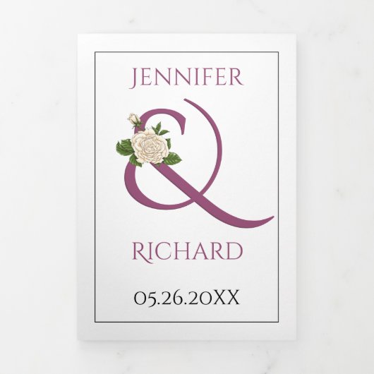 Cassis lila Ampersand mit weißer Rosenhochzeit Dreifach Gefaltete Einladung (Cover)