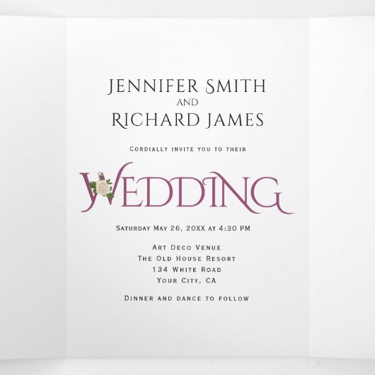 Cassis lila Ampersand mit weißer Rosenhochzeit Dreifach Gefaltete Einladung (Innenseite Mitte)