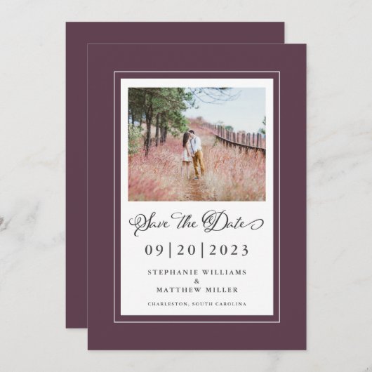 Cassis Lila Borders Foto Save the Date Hochzeit (Vorne/Hinten)