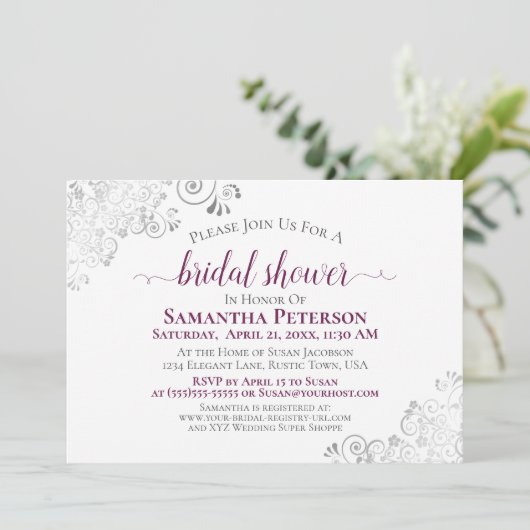 Cassis Lila & Silver Lace White Brautparty Einladung (Stehend Vorderseite)