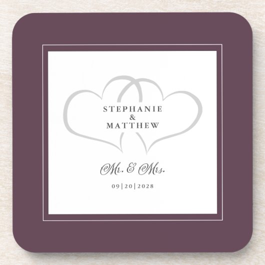 Cassis Lila Wedding Mr & Mrs. Elegant Chic Hearts Getränkeuntersetzer (Vorderseite)