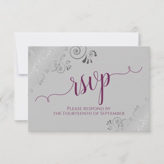 Cassis on Gray Silver Lace Calligraphy Wedding RSVP Karte (Vorderseite)