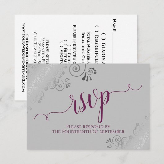 Cassis on Gray Silver Lace Calligraphy Wedding RSVP Karte (Vorne/Hinten)