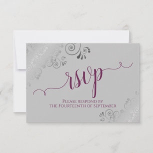 Cassis on Gray Silver Lace Calligraphy Wedding RSVP Karte