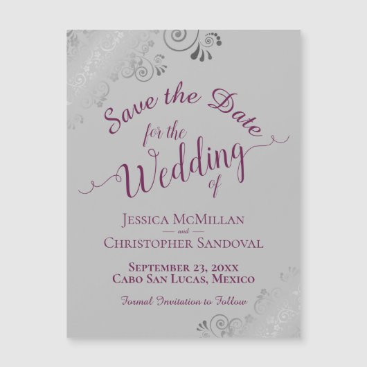 Cassis on Gray Silver Lace Save the Date Magnet (Vorderseite)