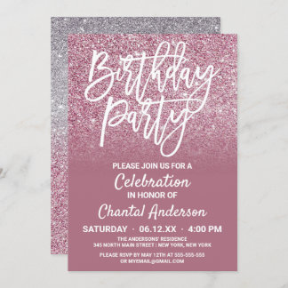 Cassis Pink Silver Imitate Glitzer Ombre Geburtsta Einladung