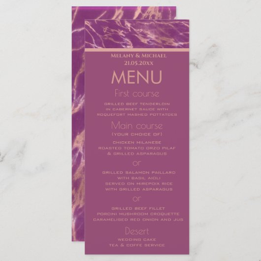 Cassis Rose goldener Marmor romantische elegante D Menükarte (Vorne/Hinten)