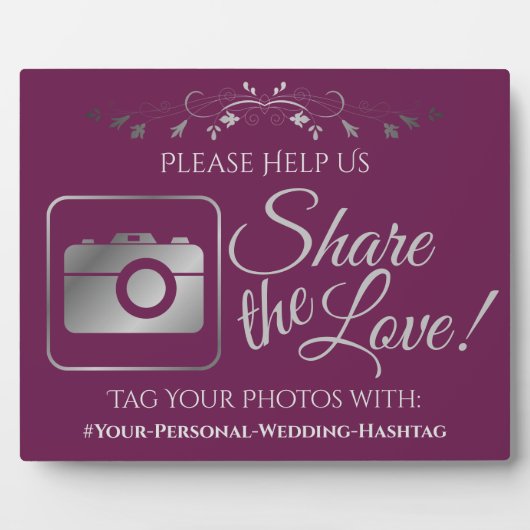 Cassis & Silver Wedding Foto Hashtag Sign Fotoplatte (Vorderseite)
