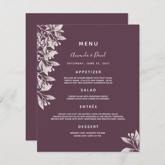 Cassis Wedding Menu lila botanische staubige Rose (Vorne/Hinten)