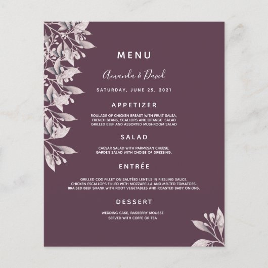 Cassis Wedding Menu lila botanische staubige Rose (Vorderseite)